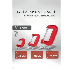 Mey İthalat® Profesyonel G Tipi İşkence Seti 3'lü: 25-50-75 mm Döküm Metal Ağaç İşleme ve Montaj Kelepçesi Takımı