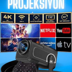 Mey İthalat® Projektör Siyah Android Taşınabilir Sinema Projeksiyon Wifi Destekli En Güncel Sürüm Akıllı