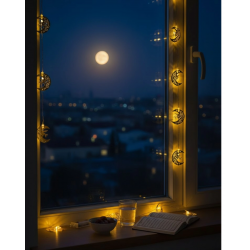 Mey İthalat® Ramazan Minare Detaylı Hilal LED Işık Günışığı Sarı Metal Süs