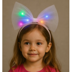 Mey İthalat® Rengarenk Led Işıklı Fiyonk Şekilli Tül Parti Tacı Beyaz Renk 25x25 cm