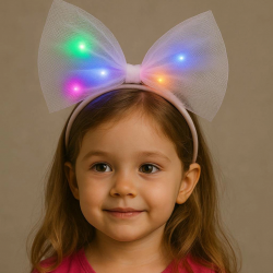 Mey İthalat® Rengarenk Led Işıklı Fiyonk Şekilli Tül Parti Tacı Beyaz Renk 25x25 cm