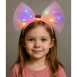 Mey İthalat® Rengarenk Led Işıklı Fiyonk Şekilli Tül Parti Tacı Pembe Renk 25x25 cm