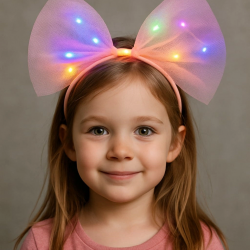 Mey İthalat® Rengarenk Led Işıklı Fiyonk Şekilli Tül Parti Tacı Pembe Renk 25x25 cm