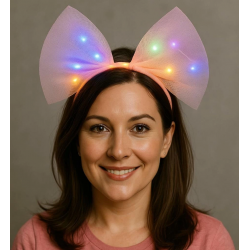 Mey İthalat® Rengarenk Led Işıklı Fiyonk Şekilli Tül Parti Tacı Pembe Renk 25x25 cm