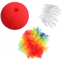 Mey İthalat® Rengarenk Palyaço Peruk Beyaz Eldiven Kırmızı Sünger Burun Palyaço Seti 3 Parça