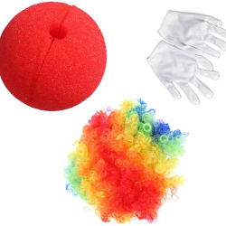 Mey İthalat® Rengarenk Palyaço Peruk Beyaz Eldiven Kırmızı Sünger Burun Palyaço Seti 3 Parça