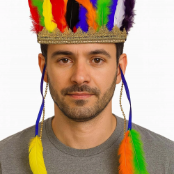 Mey İthalat® Rengarenk Tüylerle İşlenmiş Lastikli Kızılderili Başlığı