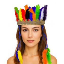 Mey İthalat® Rengarenk Tüylerle İşlenmiş Lastikli Kızılderili Başlığı