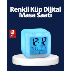 Mey İthalat® Renk Değiştiren LED Alarmlı Dijital Küp Masa Saati