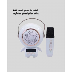 Mey İthalat® Renkli Işıklı Astronot Mini Bluetooth Speaker ve Karaoke Mikrofon