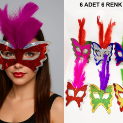 Mey İthalat® Renkli Parti Maskesi 6'lı | Tüylü Karton Maske Seti (Lastikli)