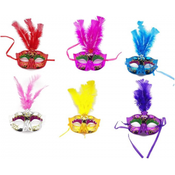 Mey İthalat® Renkli Tüylü Venedik Parti Maskesi Karışık Renk 12 Adet