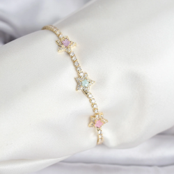 Mey İthalat® Renkli Yıldız Model Zirkon Taşlı Gold Renk Pirinç Su Yolu Kadın Bileklik