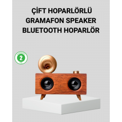 Mey İthalat® Retro Gramafon Bluetooth Hoparlör Çift Stereo Sesli FM Radyo Destekli