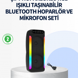 Mey İthalat® RGB Işıklı Çift Hoparlörlü Taşınabilir Bluetooth Speaker ve Mikrofon