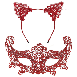 Mey İthalat® Romantik Kırmızı Dantel Maske Seti – Kedi Kulaklı Taç ve Maske 3 No