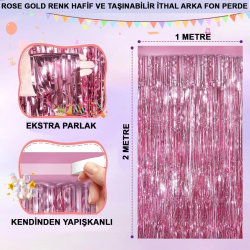 Mey İthalat®  Rose Gold Renk Ekstra Metalize Parlak Saçaklı Arka Fon Perde İthal  1x2 Metre