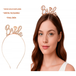 Mey İthalat® Rose Gold Renkli Taşlı “Bride” Gelin Tacı – El Yazısı Yazı Tipiyle