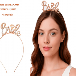 Mey İthalat® Rose Gold Renkli Taşlı “Bride” Gelin Tacı – El Yazısı Yazı Tipiyle
