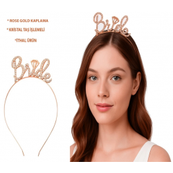 Mey İthalat® Rose Gold Renkli Taşlı “Bride” Gelin Tacı – El Yazısı Yazı Tipiyle