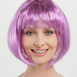 Mey İthalat® Rose Pembe Renk Düz Kesim Küt Parti Peruğu Kısa Takma Saç
