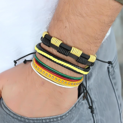 Mey İthalat® Sarı Renk Zımbalı Deri Erkek Bileklik Kombini