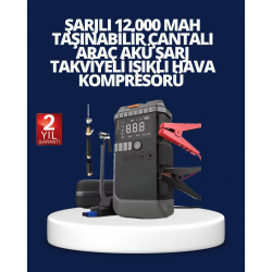Mey İthalat® Şarjlı 12000 mAh Araç Akü Takviye ve Hava Kompresörü 4’ü 1 Arada