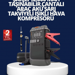 Mey İthalat® Şarjlı 12000 mAh Araç Akü Takviye ve Hava Kompresörü 4’ü 1 Arada