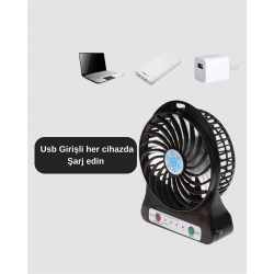 Mey İthalat® Şarjlı USB Fan – Masaüstü Mini Vantilatör, Taşınabilir, Işıklı, 3 Kademeli, Sessiz