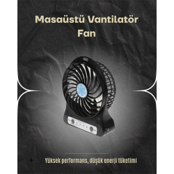 Mey İthalat® Şarjlı USB Fan – Masaüstü Mini Vantilatör, Taşınabilir, Işıklı, 3 Kademeli, Sessiz