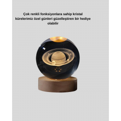 Mey İthalat® Satürn Desenli Kristal Küre LED Gece Lambası Ahşap Standlı