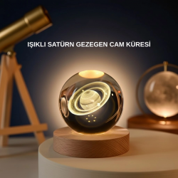 Mey İthalat® Satürn Gezegenli Kristal Küre LED Lamba USB’li Ahşap Standlı