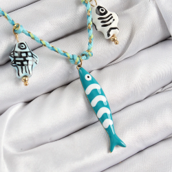 Mey İthalat® Seramik Motifli Balık Figürlü Model Mavi İp Kadın Kolye