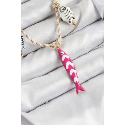 Mey İthalat® Seramik Motifli Pembe Balık Figürlü Model Krem İp Kadın Kolye