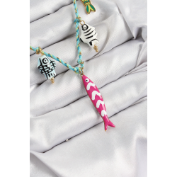 Mey İthalat® Seramik Motifli Pembe Balık Figürlü Model Mavi İp Kadın Kolye