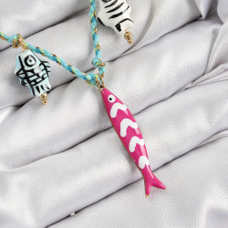 Mey İthalat® Seramik Motifli Pembe Balık Figürlü Model Mavi İp Kadın Kolye