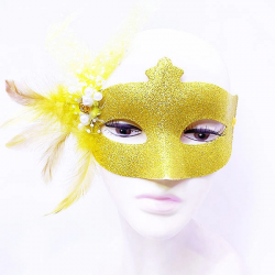 Mey İthalat® Sim İşlemeli İnci Boncuk Detaylı Tüylü Balo Maskesi Altın Renk 13x18 cm