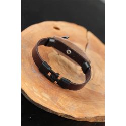 Mey İthalat® Siyah Deniz Çapalı Çelik Aksesuarlı Kahverengi Deri Erkek Bileklik