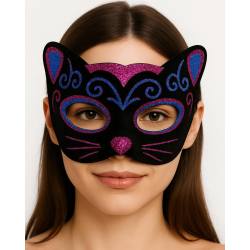 Mey İthalat® Siyah Kadife Kaplama Üzeri Pembe Mavi Sim İşlemeli Kedi Maskesi 20x13 cm