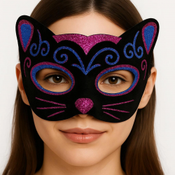 Mey İthalat® Siyah Kadife Kaplama Üzeri Pembe Mavi Sim İşlemeli Kedi Maskesi 20x13 cm