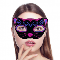 Mey İthalat® Siyah Kadife Kaplama Üzeri Pembe Mavi Sim İşlemeli Kedi Maskesi 20x13 cm