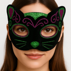 Mey İthalat® Siyah Kadife Kaplama Üzeri Pembe Yeşil Sim İşlemeli Kedi Maskesi 20x13 cm