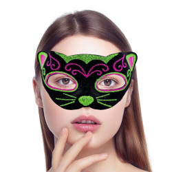 Mey İthalat® Siyah Kadife Kaplama Üzeri Pembe Yeşil Sim İşlemeli Kedi Maskesi 20x13 cm