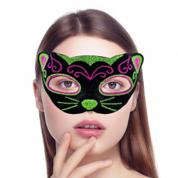 Mey İthalat® Siyah Kadife Kaplama Üzeri Pembe Yeşil Sim İşlemeli Kedi Maskesi 20x13 cm