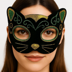 Mey İthalat® Siyah Kadife Kaplama Üzeri Sarı Yeşil Sim İşlemeli Kedi Maskesi 20x13 cm