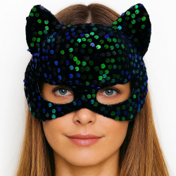 Mey İthalat® Siyah Kadife Kumaş Üzerine Mavi Yeşil Payetli Pullu Parti Maskesi 16x14 cm