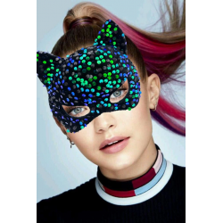 Mey İthalat® Siyah Kadife Kumaş Üzerine Mavi Yeşilli Payetli Pullu Parti Maskesi 16x14 cm