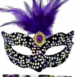 Mey İthalat® Siyah Kadife Üzeri Rengarenk Payetli Pullu Mor Tüylü Mor Taşlı Parti Maskesi 19x21 cm