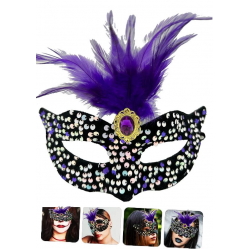 Mey İthalat® Siyah Kadife Üzeri Rengarenk Payetli Pullu Mor Tüylü Mor Taşlı Parti Maskesi 19x21 cm