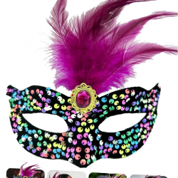 Mey İthalat® Siyah Kadife Üzeri Rengarenk Payetli Pullu Pembe Tüylü Pembe Taşlı Parti Maskesi 19x21 cm